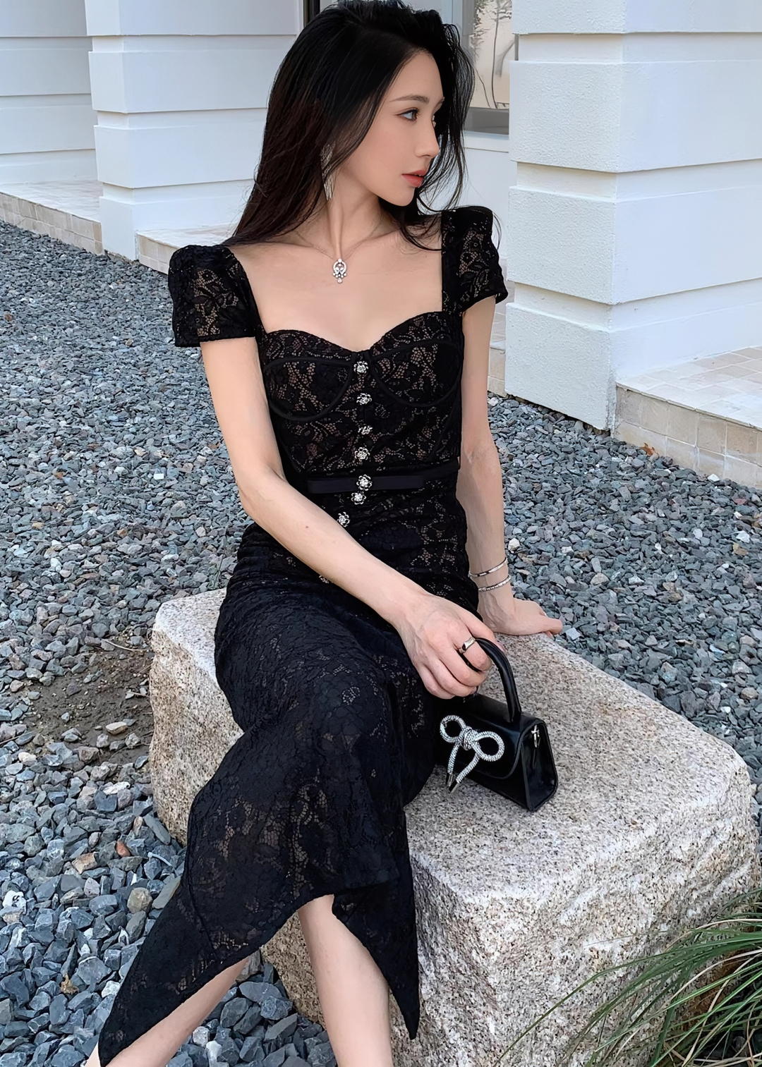 Bijou 紐扣緊身胸衣蕾絲美人魚連身裙