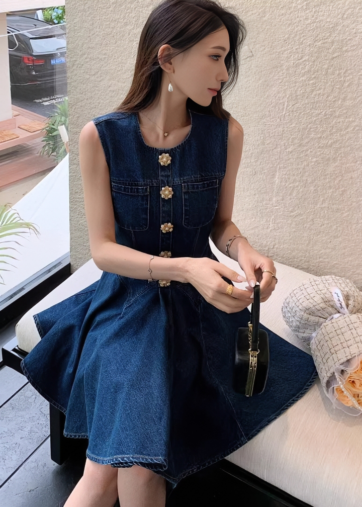 花朵寶石紐帶喇叭牛仔連身裙