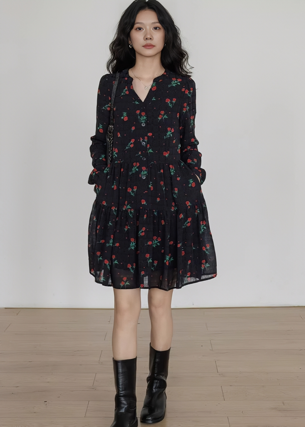 ローズフリルスリーブティアードワンピース