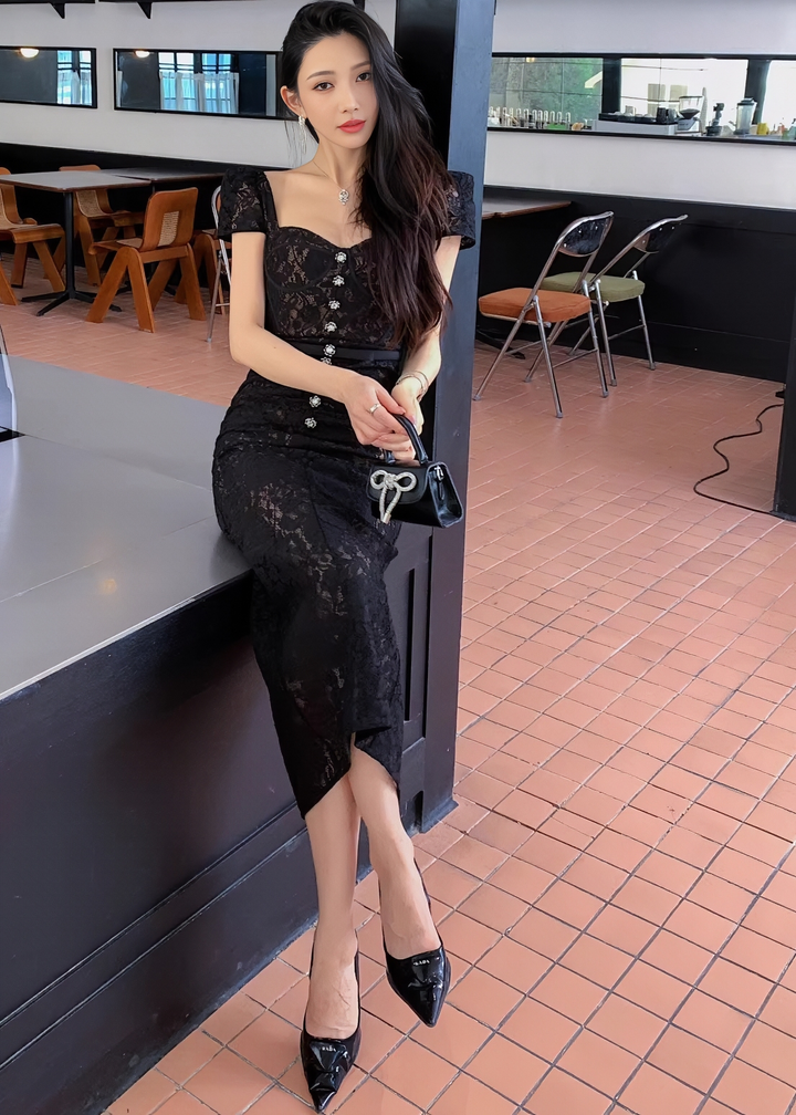 Bijou 紐扣緊身胸衣蕾絲美人魚連身裙