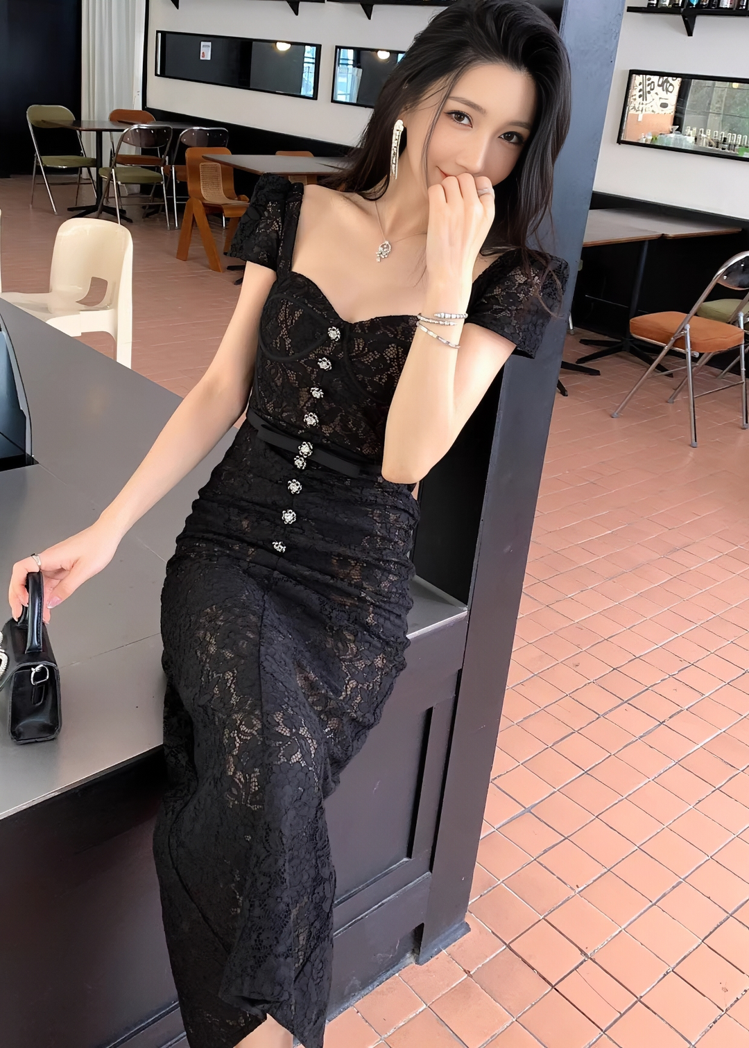 Bijou 紐扣緊身胸衣蕾絲美人魚連身裙