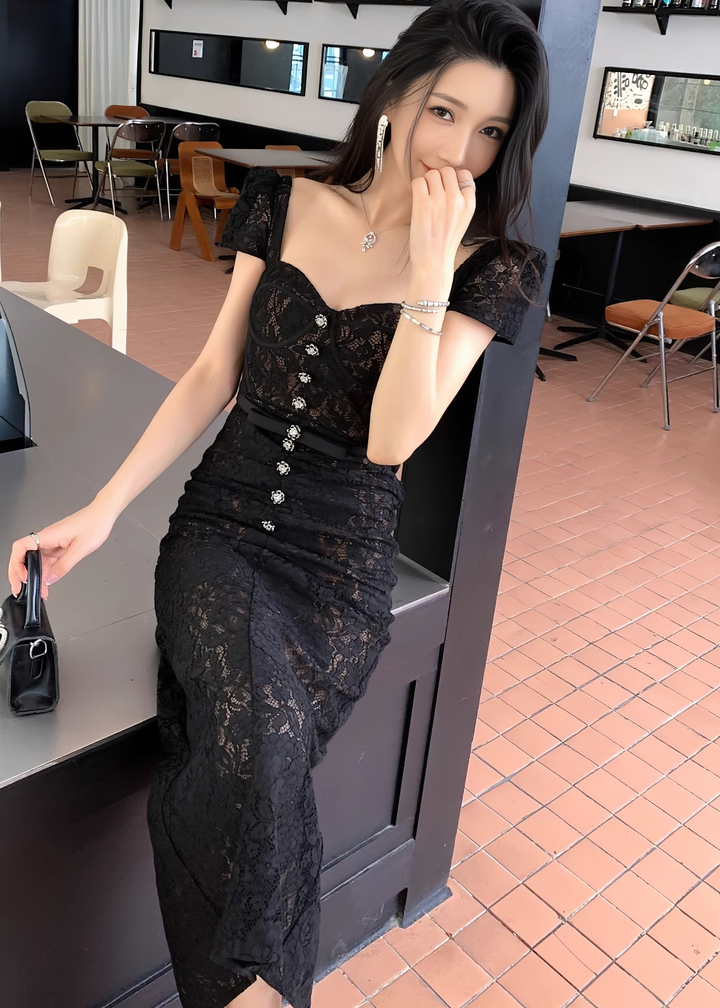 Bijou 紐扣緊身胸衣蕾絲美人魚連身裙