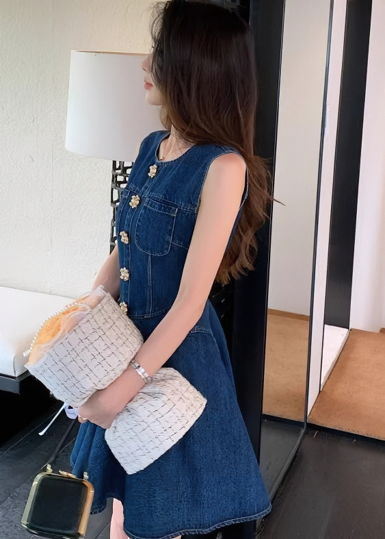 花朵寶石紐帶喇叭牛仔連身裙