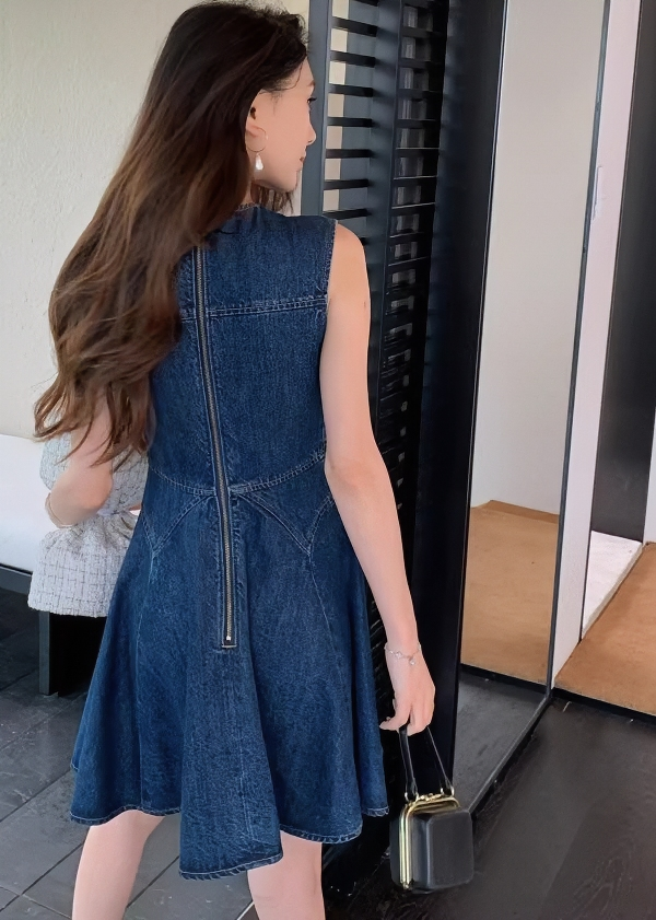 花朵寶石紐帶喇叭牛仔連身裙