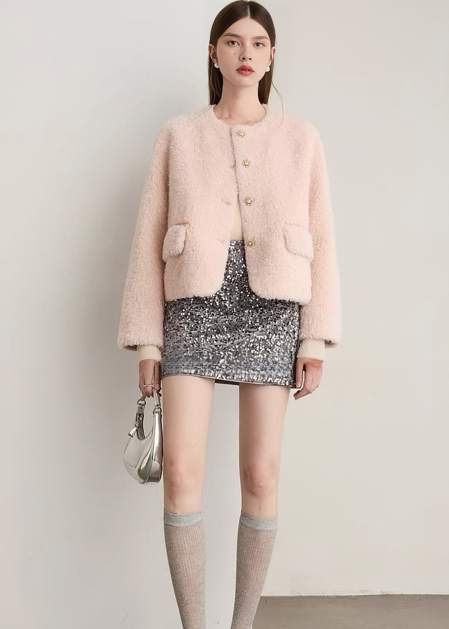 ビジューボタンボアノーカラージャケット