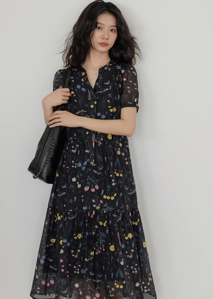 フラワーボウタイティアードワンピース