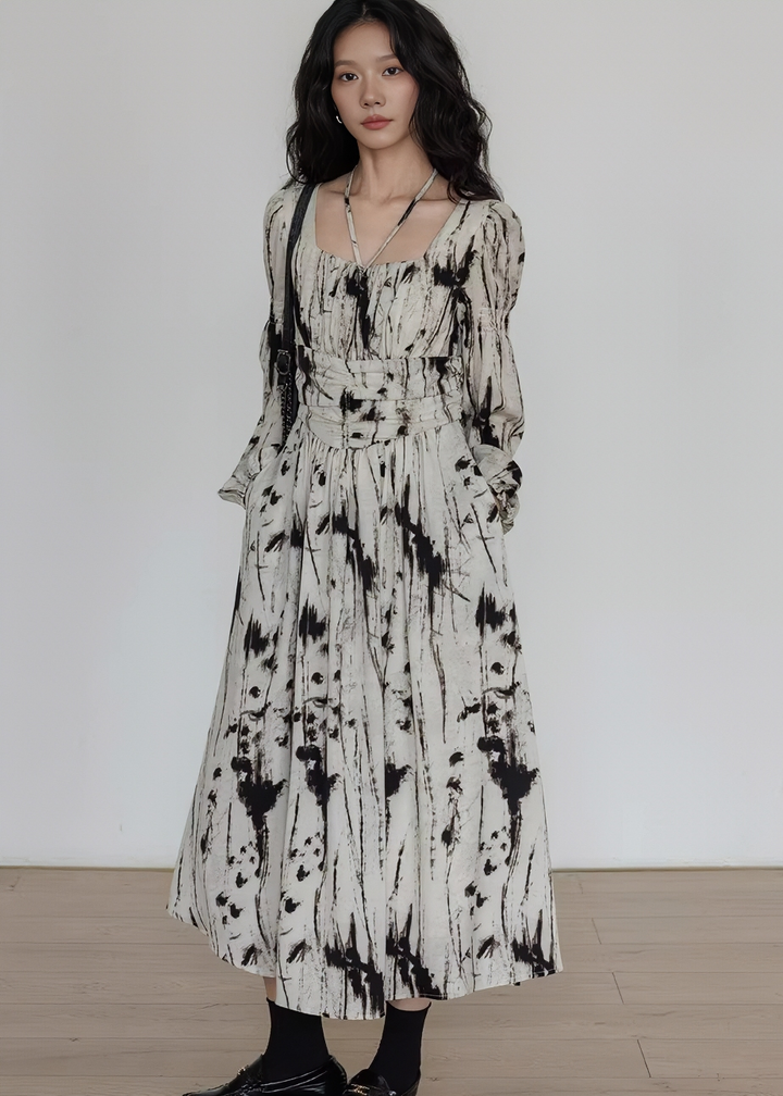 タイダイベルテッドギャザーマキシドレス