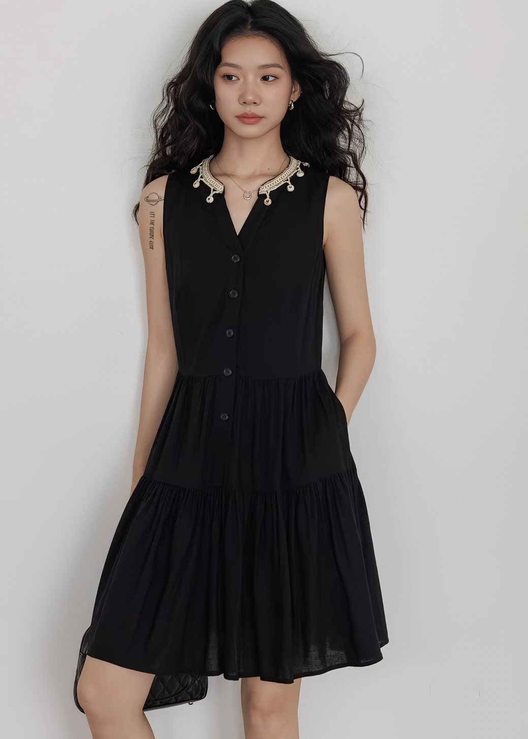 ビーズレースカラーティアードワンピース