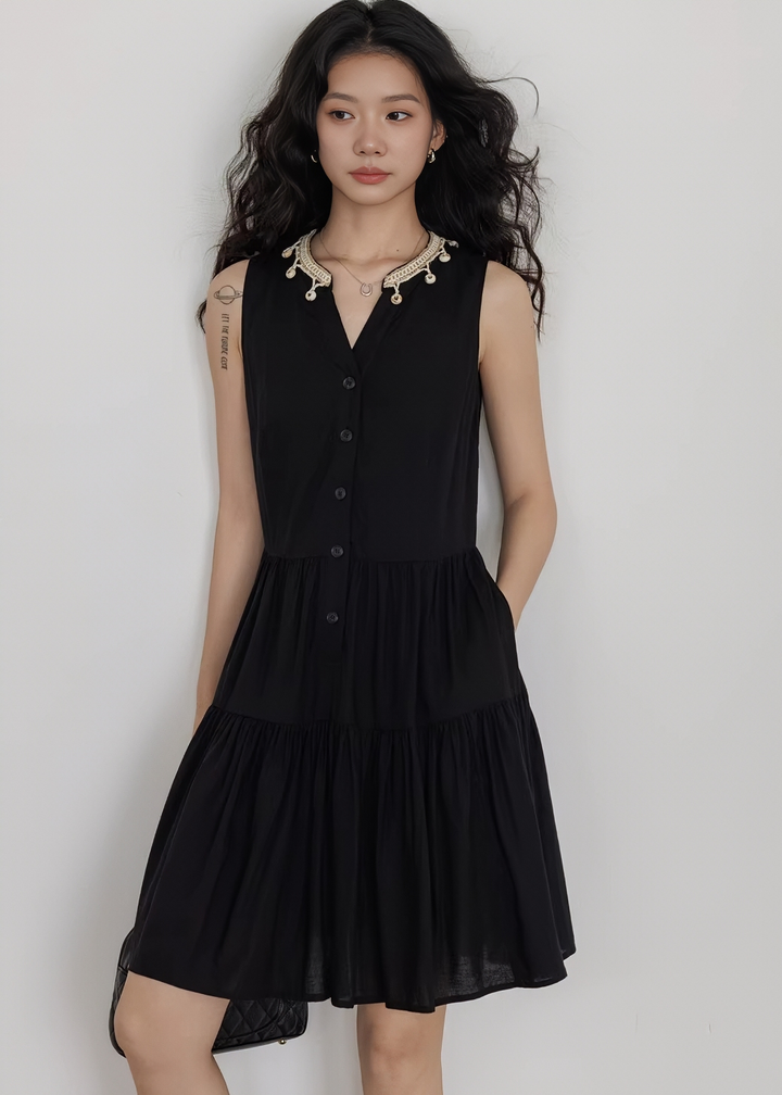 ビーズレースカラーティアードワンピース