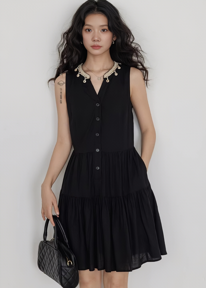 ビーズレースカラーティアードワンピース