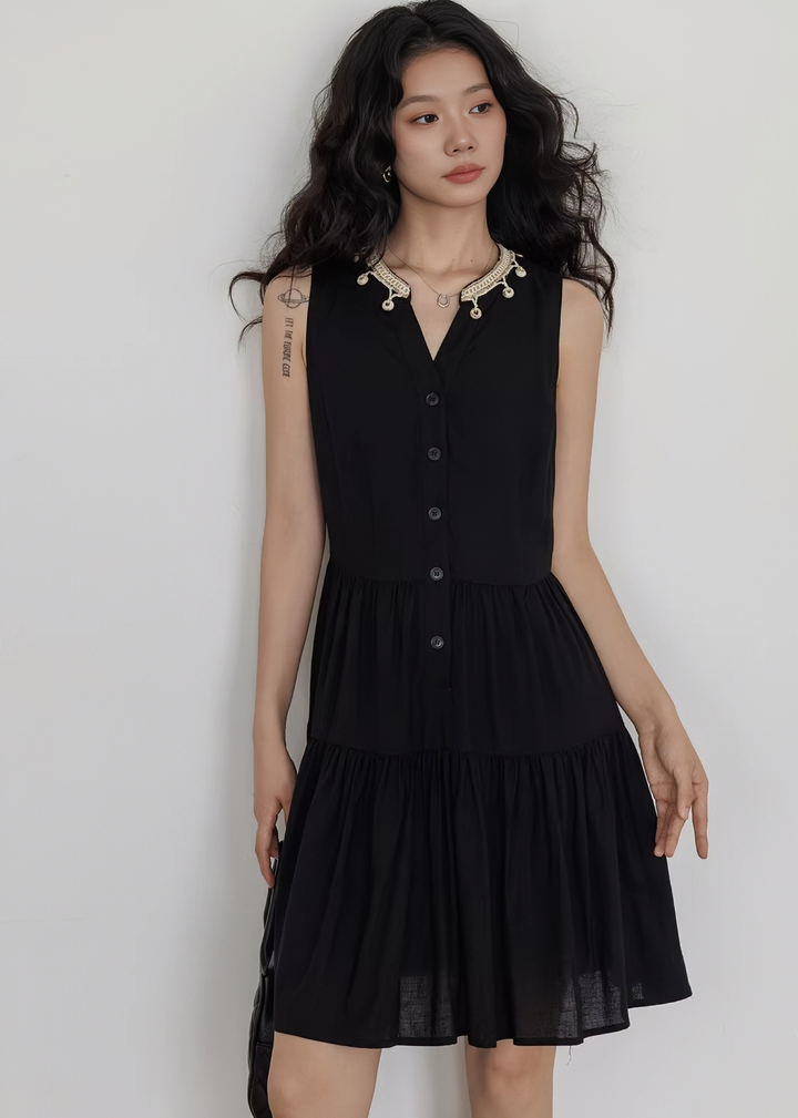 ビーズレースカラーティアードワンピース