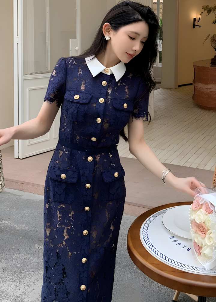 クレリックカラーレースタイトドレス