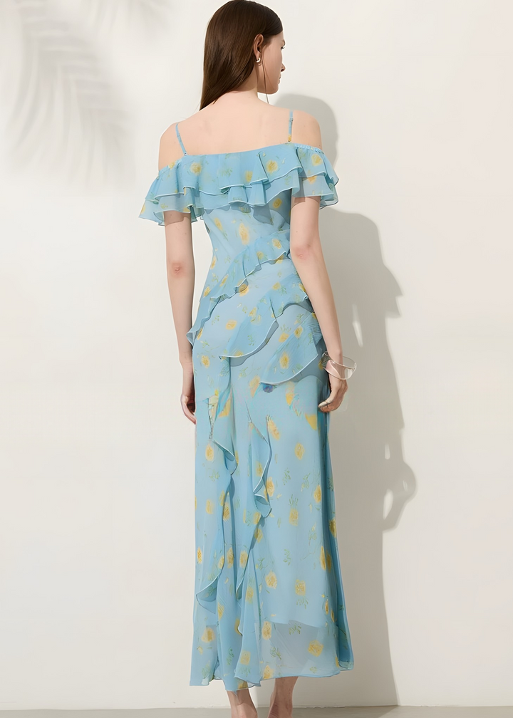 Bedrucktes, schulterfreies Maxikleid mit Rüschen