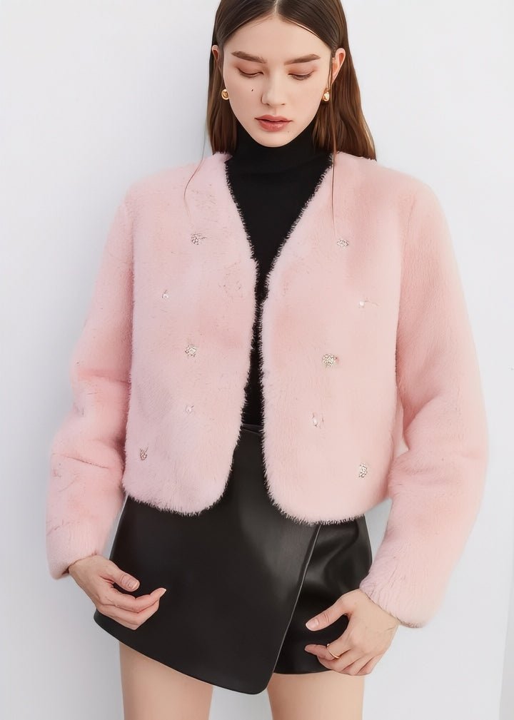 Jeweled Collarless Faux Fur Coat - Vera Lumina