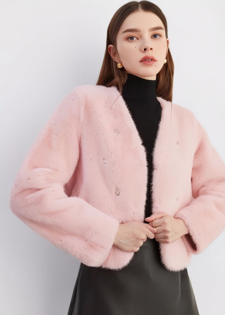 Jeweled Collarless Faux Fur Coat - Vera Lumina