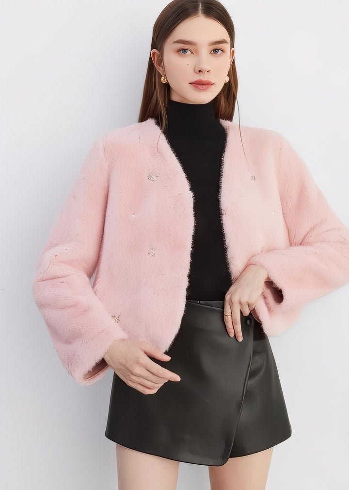 Jeweled Collarless Faux Fur Coat - Vera Lumina