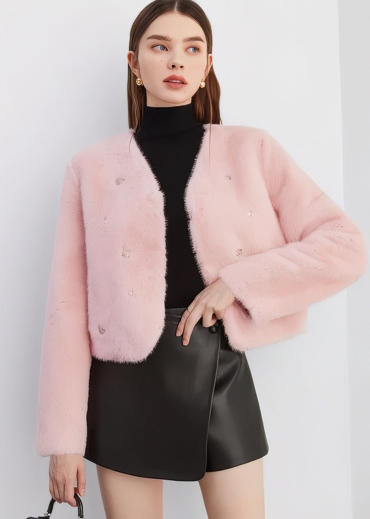 Jeweled Collarless Faux Fur Coat - Vera Lumina