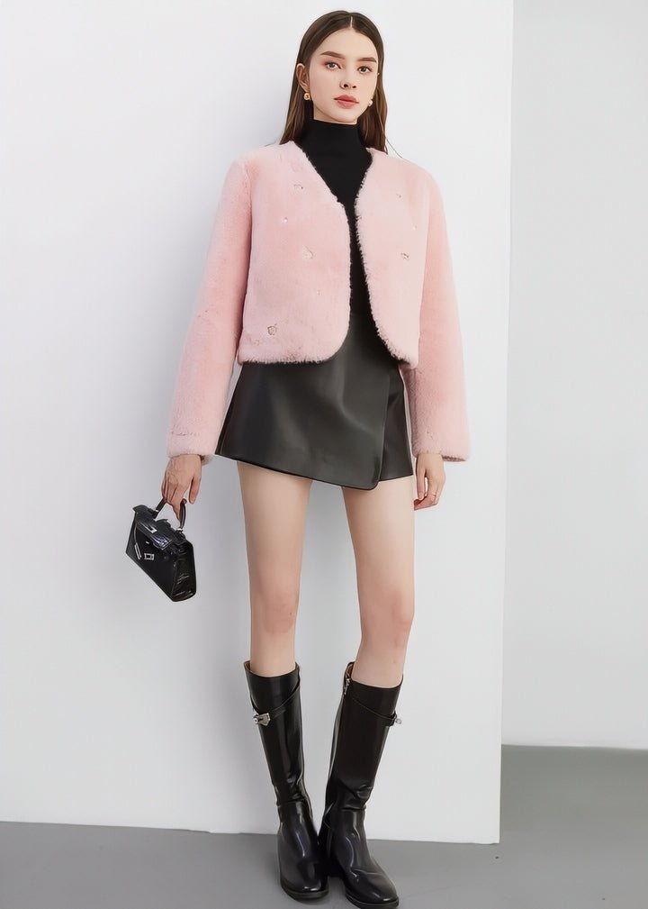 Jeweled Collarless Faux Fur Coat - Vera Lumina