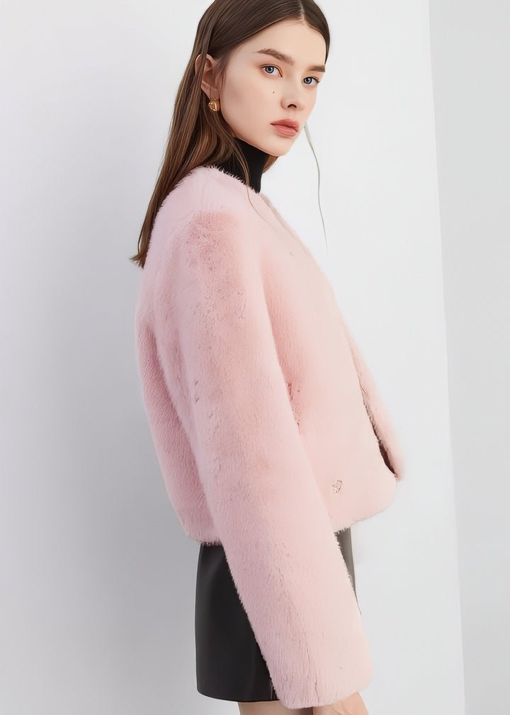 Jeweled Collarless Faux Fur Coat - Vera Lumina