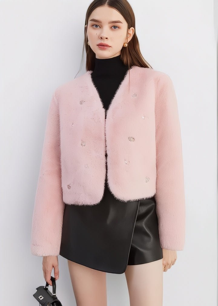 Jeweled Collarless Faux Fur Coat - Vera Lumina
