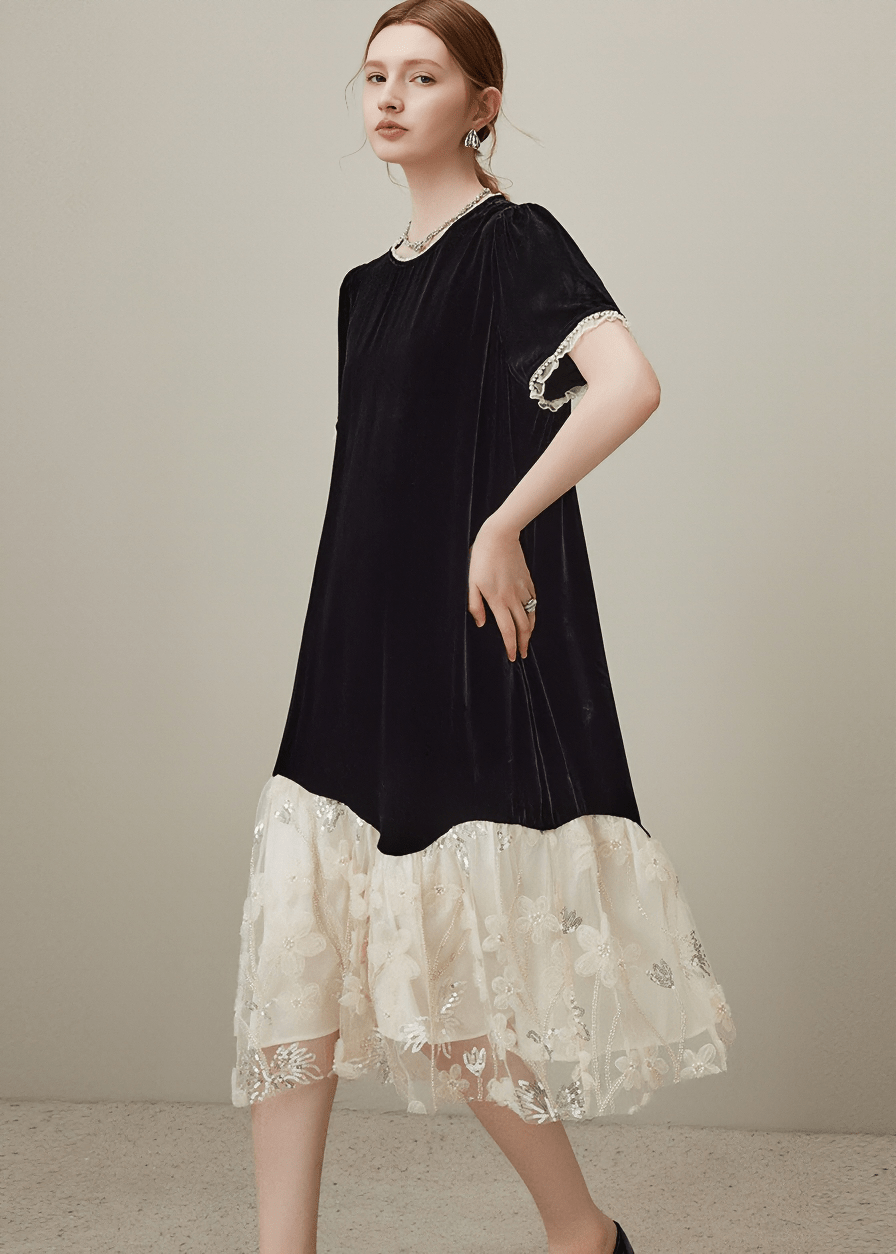 LACE TRIM VELVET CONTRAST DRESS - Vera Lumina