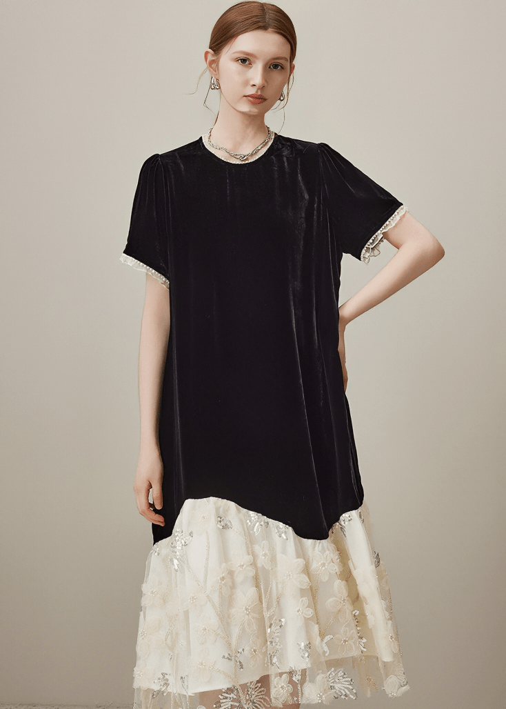 LACE TRIM VELVET CONTRAST DRESS - Vera Lumina