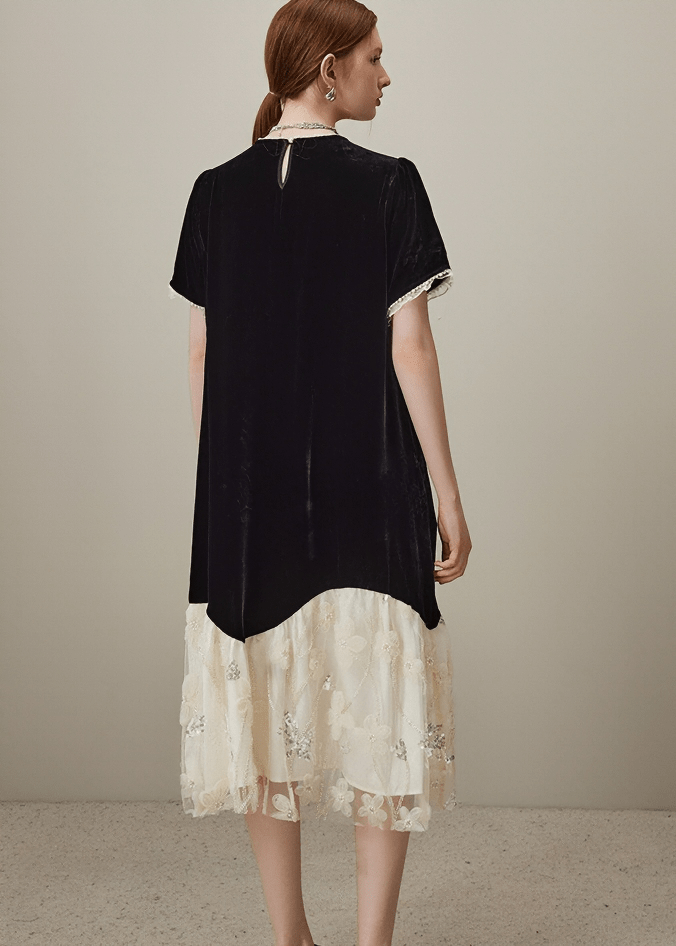 LACE TRIM VELVET CONTRAST DRESS - Vera Lumina