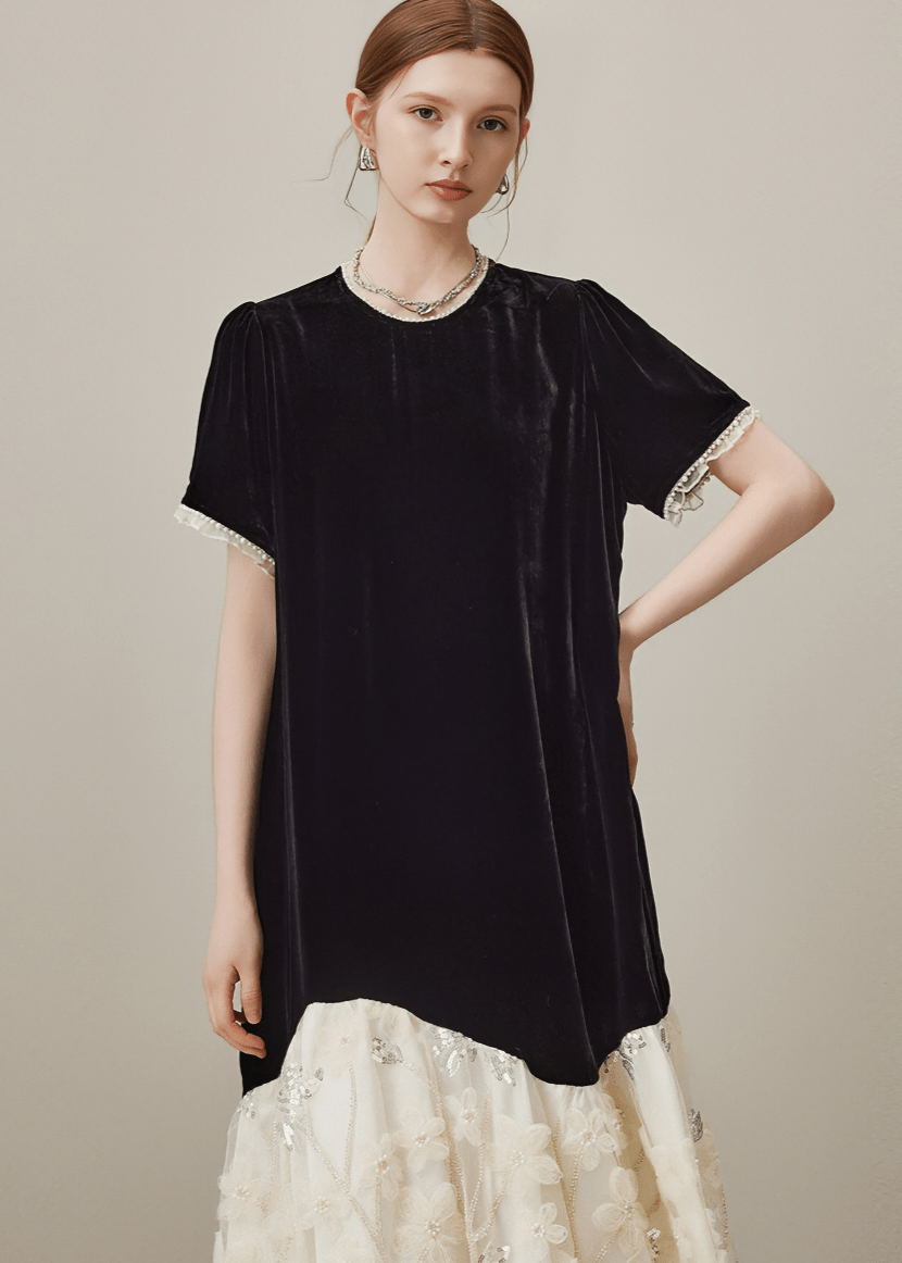 LACE TRIM VELVET CONTRAST DRESS - Vera Lumina
