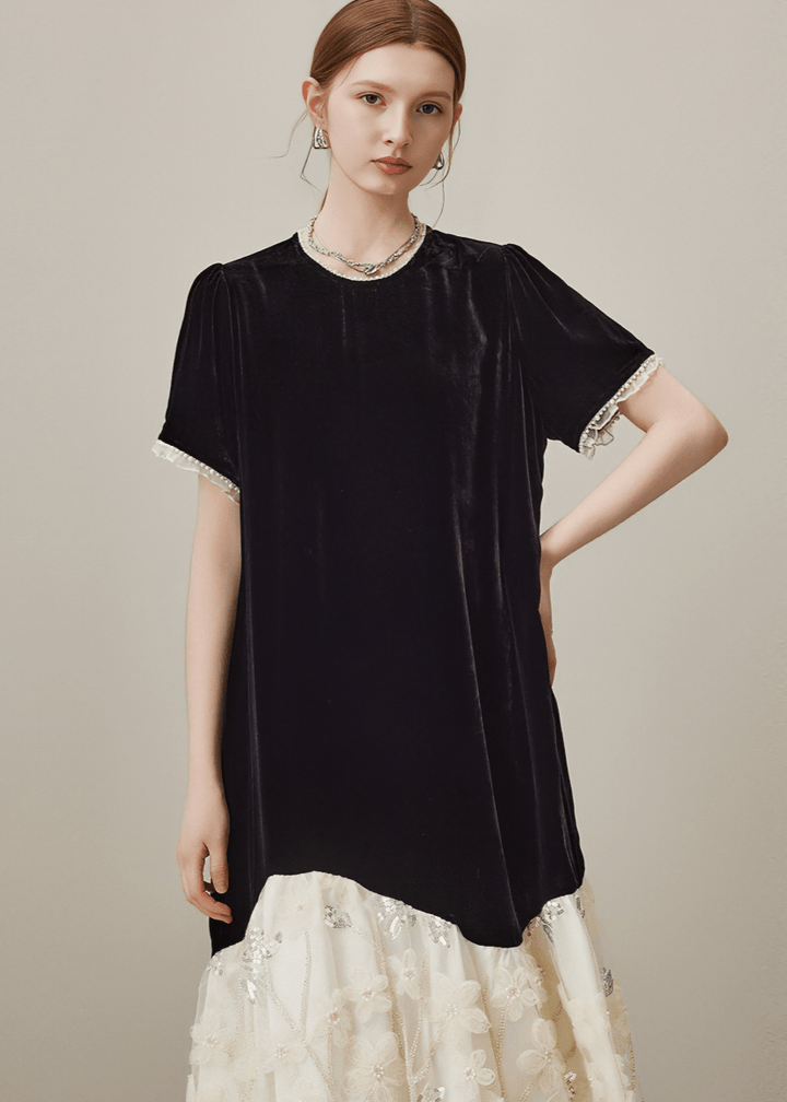 LACE TRIM VELVET CONTRAST DRESS - Vera Lumina