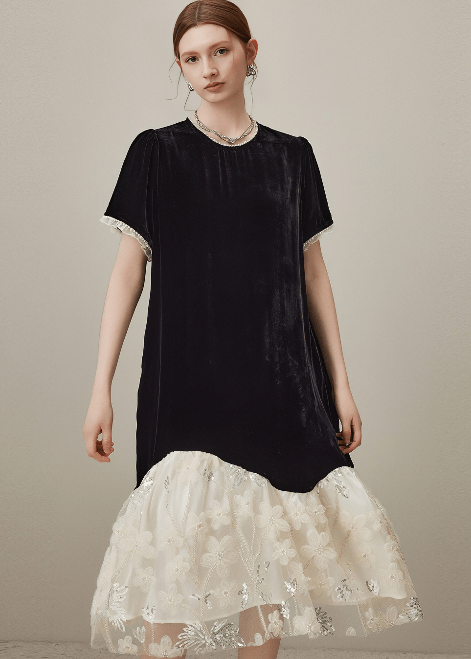 LACE TRIM VELVET CONTRAST DRESS - Vera Lumina
