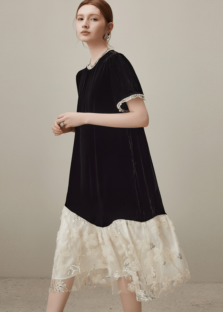LACE TRIM VELVET CONTRAST DRESS - Vera Lumina