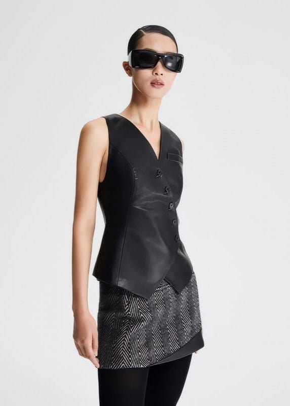 leather collarless sleeveless vest jacket - Vera Lumina