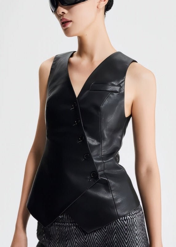 leather collarless sleeveless vest jacket - Vera Lumina