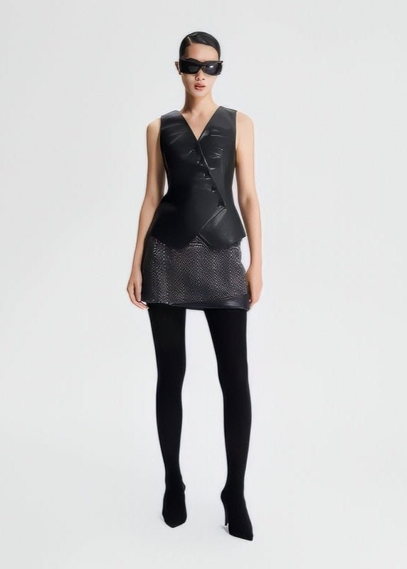 leather collarless sleeveless vest jacket - Vera Lumina