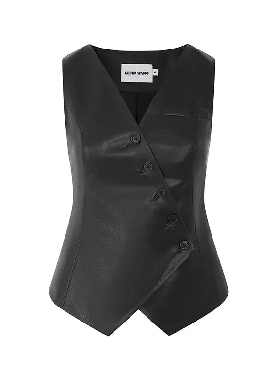 leather collarless sleeveless vest jacket - Vera Lumina