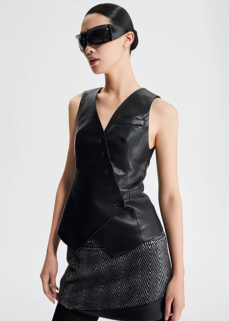leather collarless sleeveless vest jacket - Vera Lumina