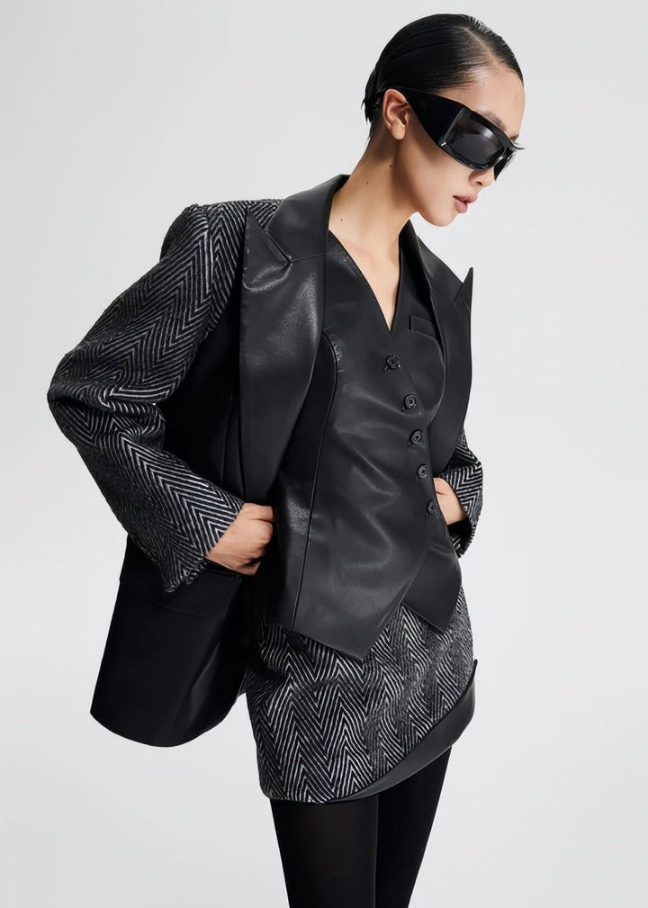 leather collarless sleeveless vest jacket - Vera Lumina