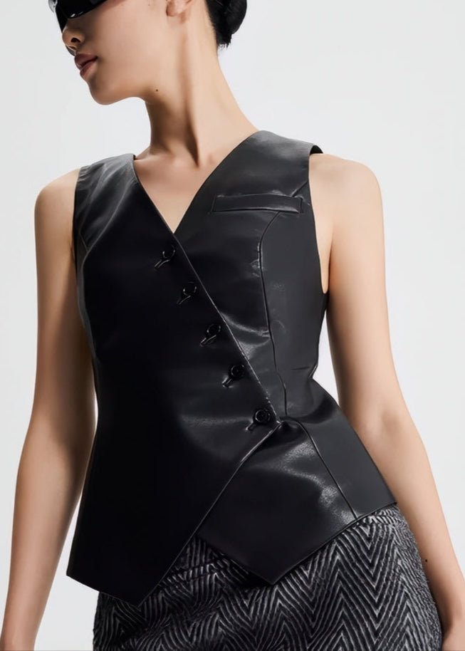 leather collarless sleeveless vest jacket - Vera Lumina
