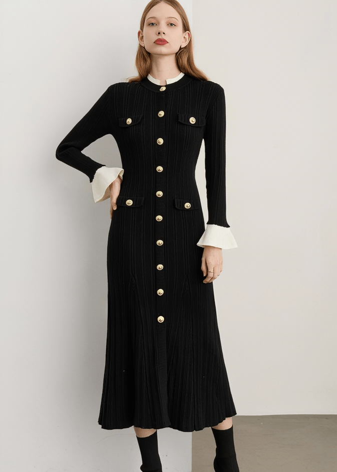 MEDALLION BUTTON SCULPTED RIB DRESS - Vera Lumina