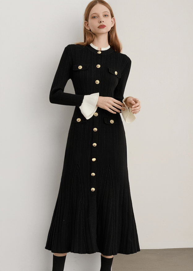 MEDALLION BUTTON SCULPTED RIB DRESS - Vera Lumina