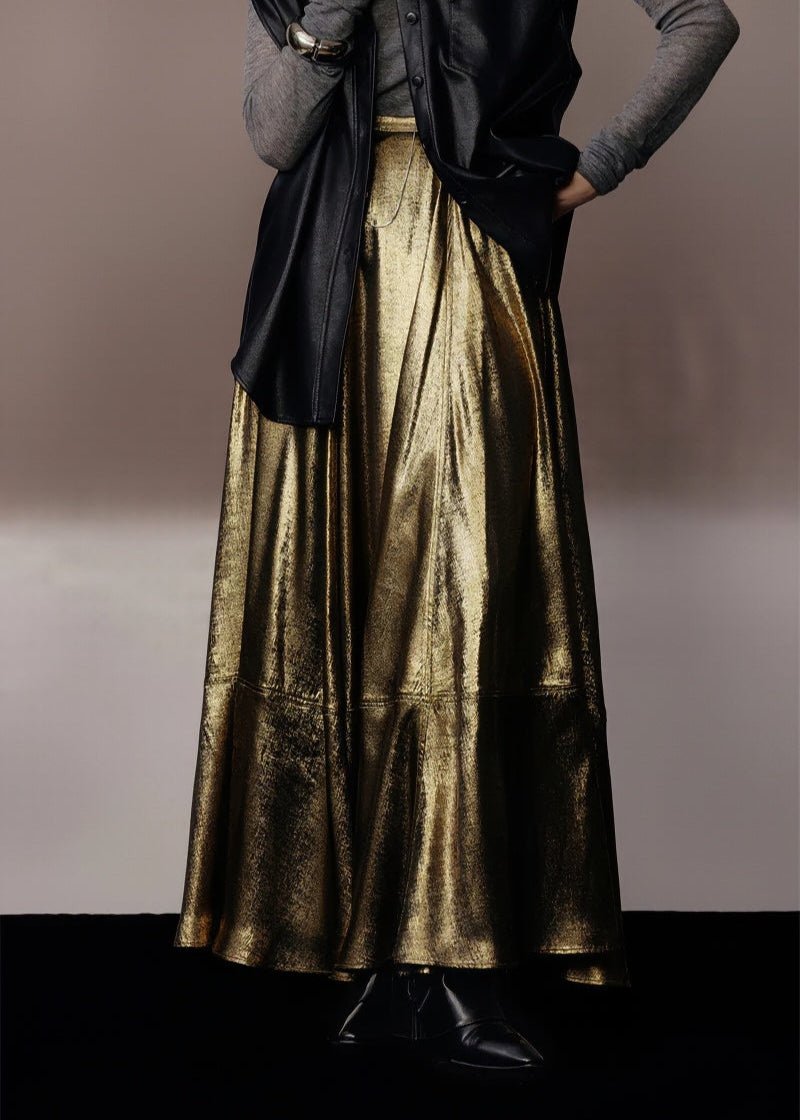 metallic gold A - line skirt & silhouette leather jacket - Vera Lumina