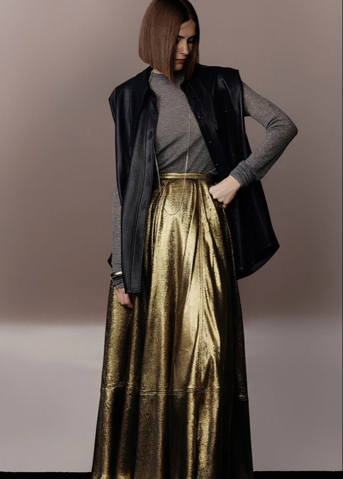 metallic gold A - line skirt & silhouette leather jacket - Vera Lumina