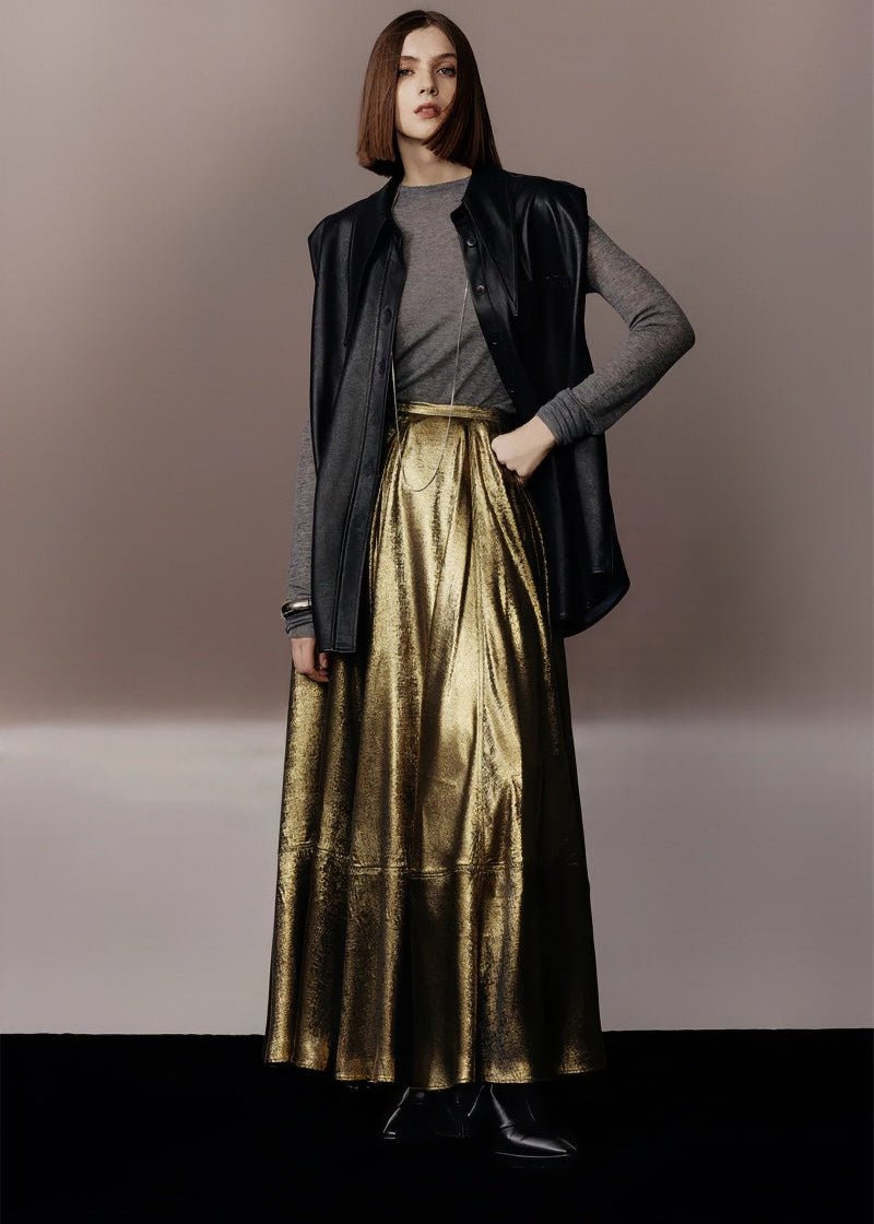 metallic gold A - line skirt & silhouette leather jacket - Vera Lumina