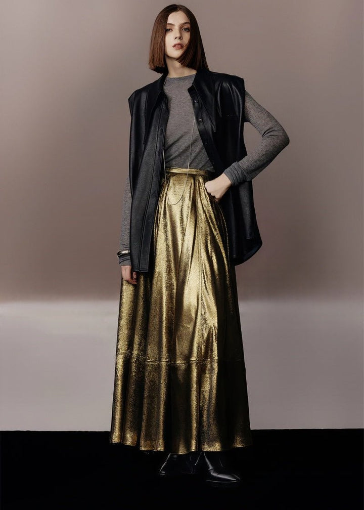 metallic gold A - line skirt & silhouette leather jacket - Vera Lumina
