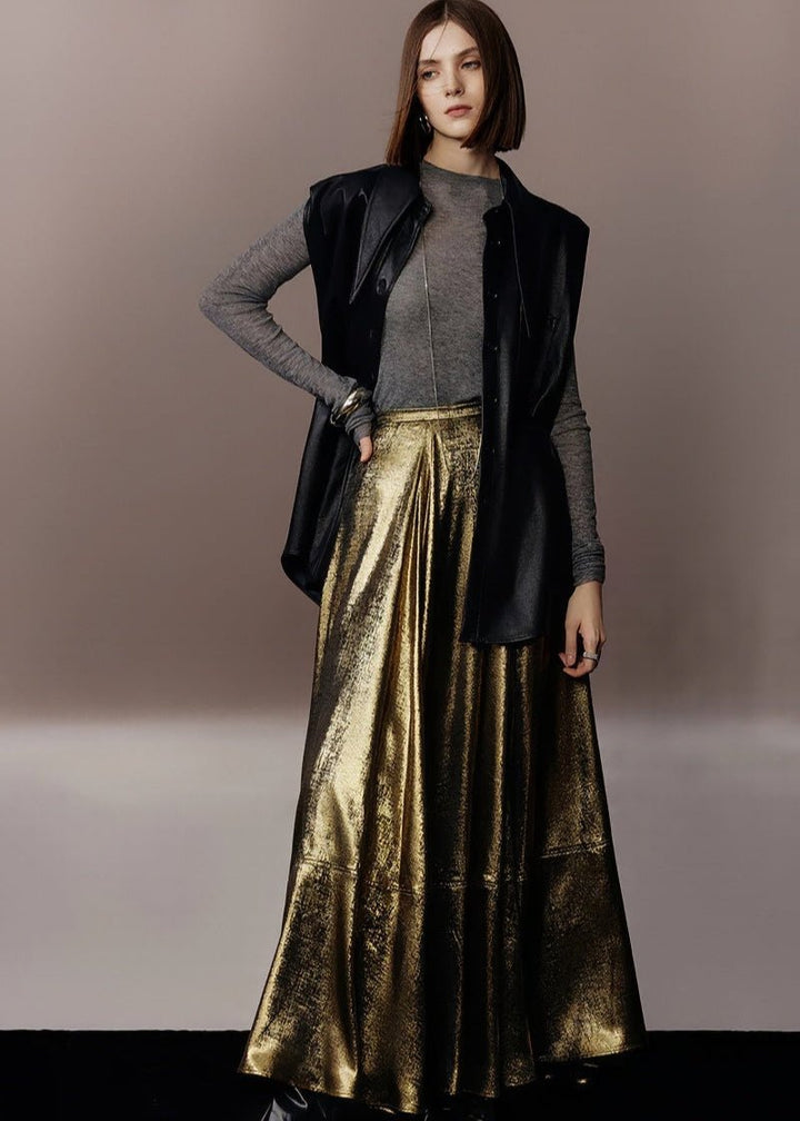 metallic gold A - line skirt & silhouette leather jacket - Vera Lumina