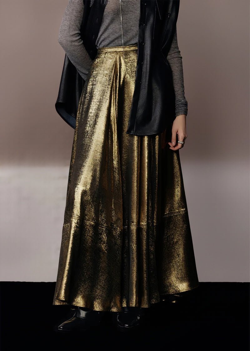 metallic gold A - line skirt & silhouette leather jacket - Vera Lumina