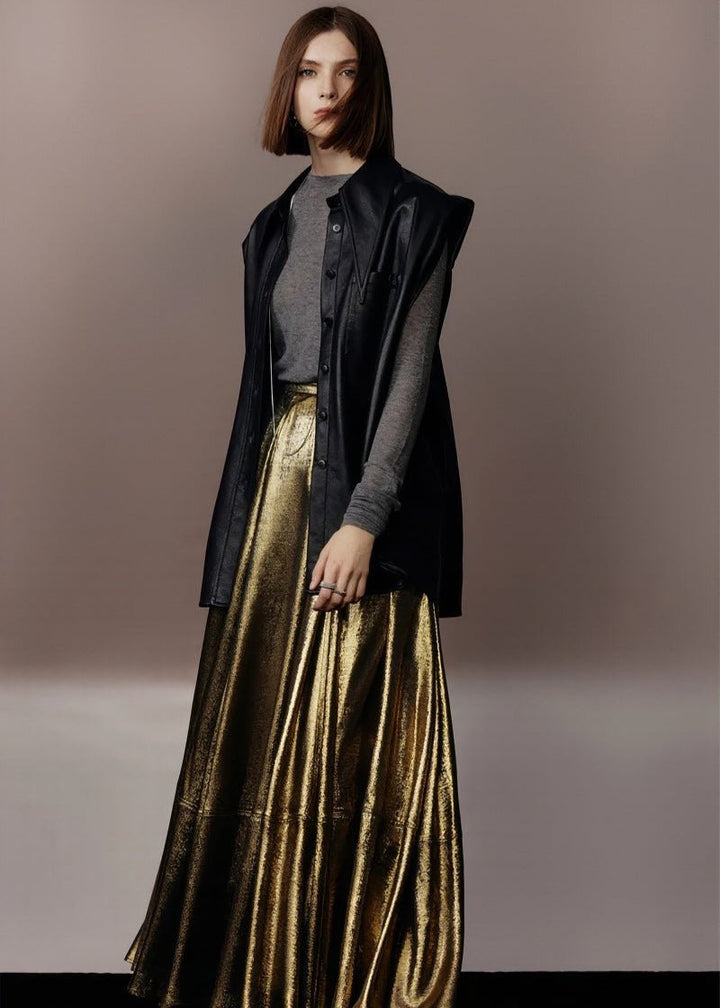 metallic gold A - line skirt & silhouette leather jacket - Vera Lumina