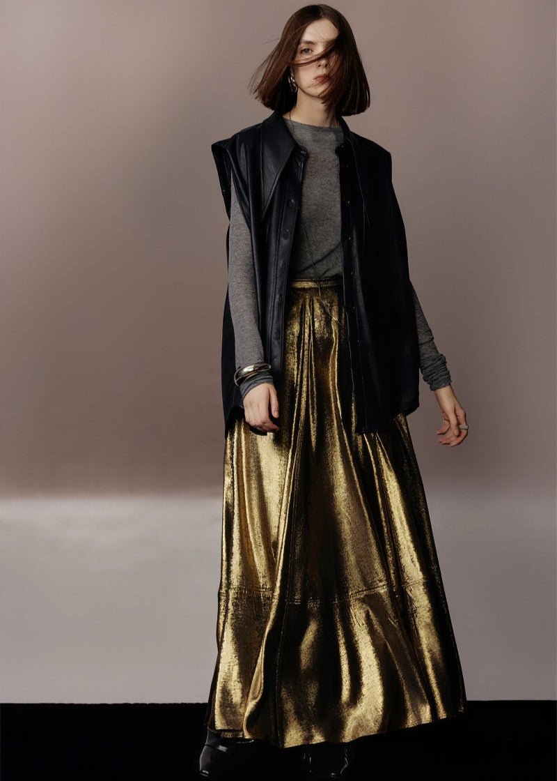 metallic gold A - line skirt & silhouette leather jacket - Vera Lumina