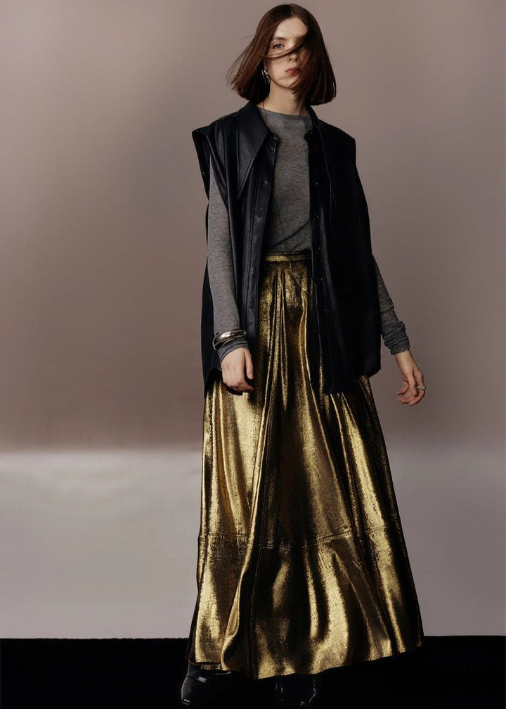 metallic gold A - line skirt & silhouette leather jacket - Vera Lumina