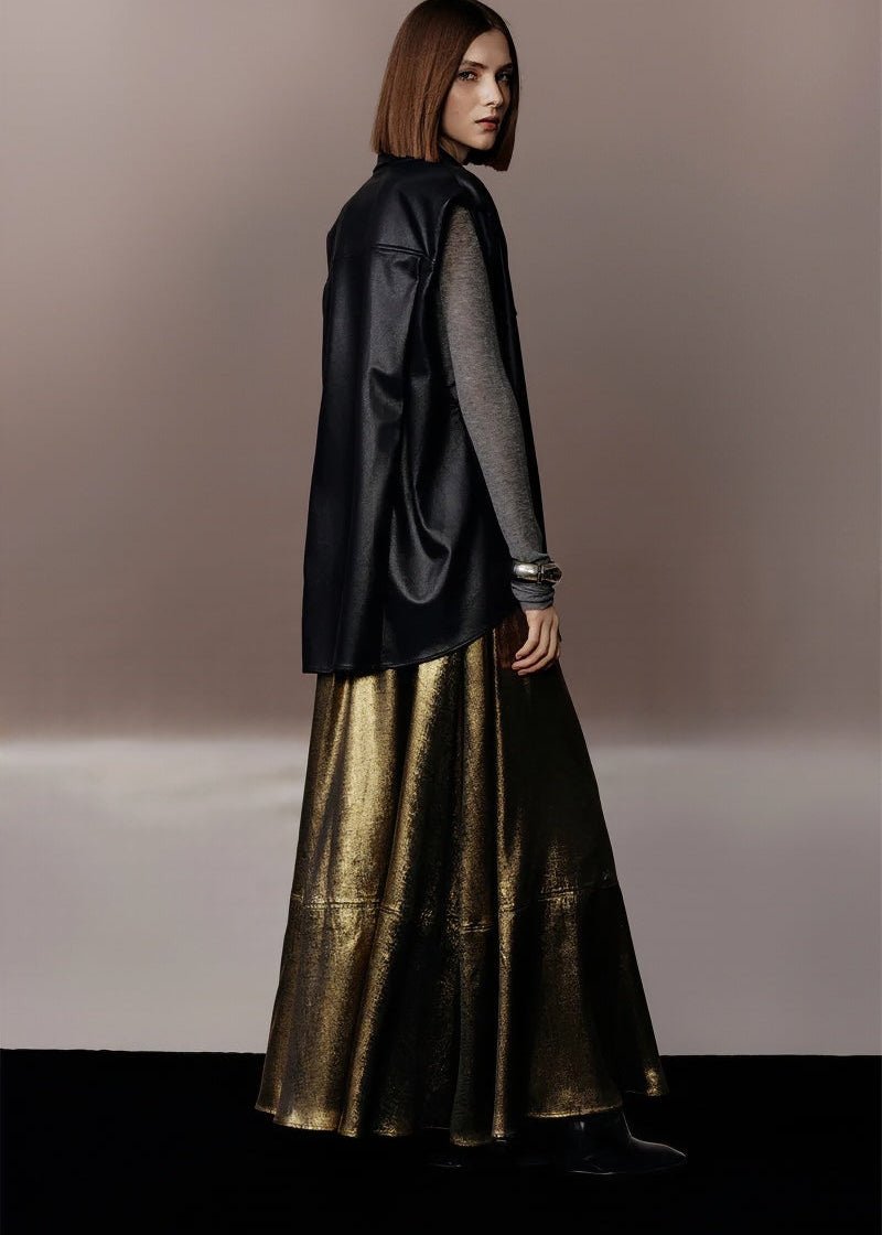 metallic gold A - line skirt & silhouette leather jacket - Vera Lumina